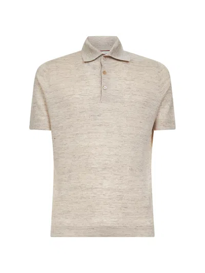 Brunello Cucinelli Men Beige Linen And Cotton Knit Polo Shirt