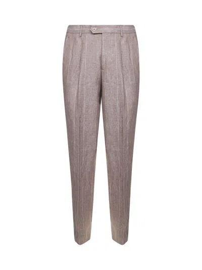 Brunello Cucinelli Men Beige Pinstripe Canvas Leisure Fit Trousers In Brown