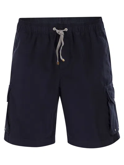 Brunello Cucinelli Men Bermuda Shorts In Garment-dyed Cotton Gabardine With Drawstring And Double Da In Blue