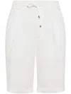 Brunello Cucinelli Garment Dyed Linen Gabardine Bermuda Shorts With Drawstring And Darts In White