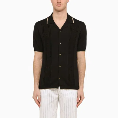 BRUNELLO CUCINELLI MEN'S BLACK SHORT-SLEEVED CARDIGAN WITH CLASSIC COLLAR AND FRONT BUTTON PLACKET
