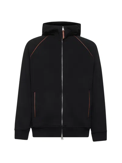Brunello Cucinelli Men Black Techno Cotton Zip-up Hoodie