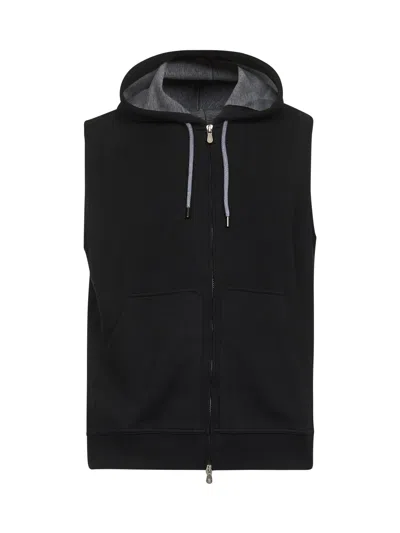Brunello Cucinelli Men Black Techno Fleece Hooded Vest