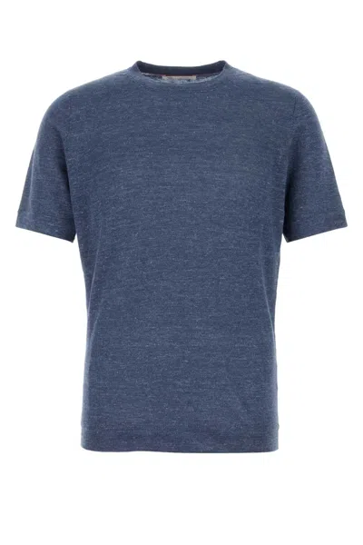Brunello Cucinelli Linen Blend Crew Neck Short Sleeve Sweater In Blue