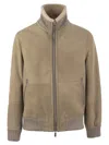 Brunello Cucinelli Men Bomber In Curly Suede Shearling With Cashmere Knit Collar In Brown