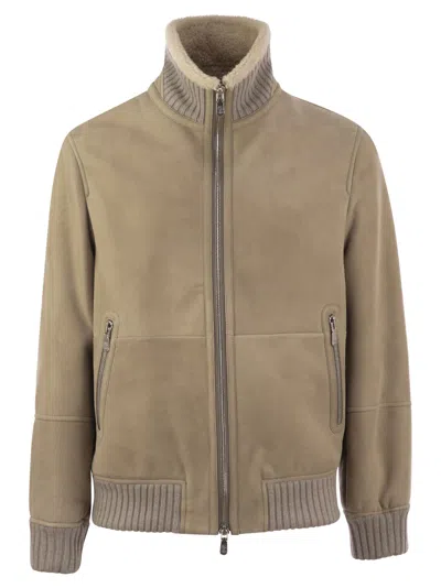 BRUNELLO CUCINELLI BRUNELLO CUCINELLI MEN BOMBER IN CURLY SUEDE SHEARLING WITH CASHMERE KNIT COLLAR