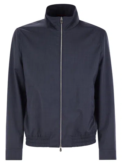 Brunello Cucinelli Men Bomber Jacket In Membrane Canvas In Blue
