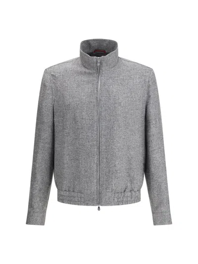 Brunello Cucinelli Men Bomber Jacket Made By An Exquisite Blend Of Linen Wool And Silk In Gray