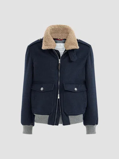 Brunello Cucinelli Shearling-collar Bomber Jacket In Blue