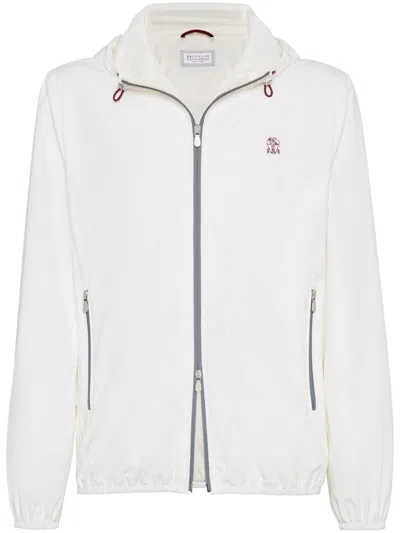 Brunello Cucinelli Men Bonded Nylon Hooded Outerwear Jacket With Logo In Multicolor