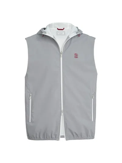 Brunello Cucinelli Men's Bonded Nylon Hooded Vest With Logo In Gray