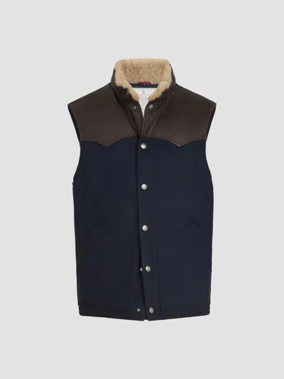 Brunello Cucinelli Bonded Wool Flannel Paneled Down Vest With Shearling Collar And Nappa Leather Ins In Multi