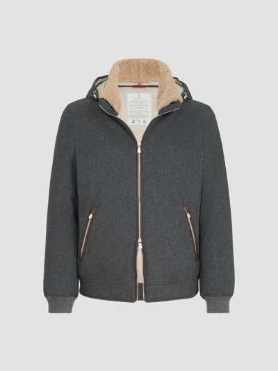 Brunello Cucinelli Membranated Wool Flannel Down Jacket With Shearling-lined Collar In Black