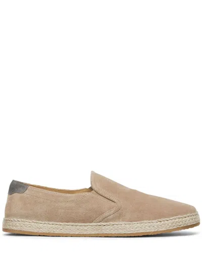 BRUNELLO CUCINELLI MEN'S BROWN ALMOND TOE SUEDE SLIP-ON FLAT SNEAKERS FOR SS24