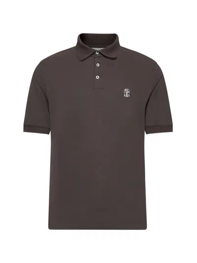 Brunello Cucinelli Men Brown Cotton Pique Logo Polo Shirt