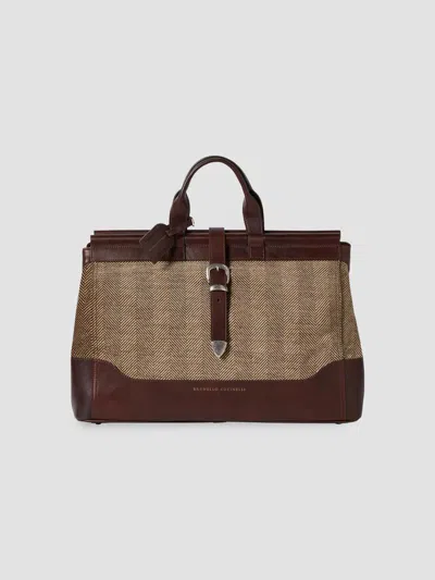 Brunello Cucinelli Men's Burnished Calfskin And Chevron-effect Techno Fabric Doctor Bag In Brown