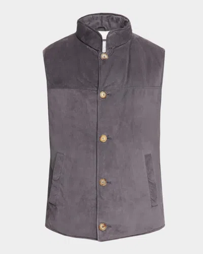 Brunello Cucinelli Men's Button-front Suede Vest In Gray