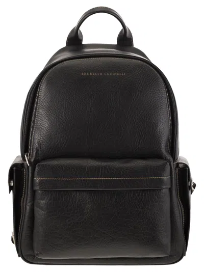 Brunello Cucinelli Men Calfskin Backpack With Grain In Black