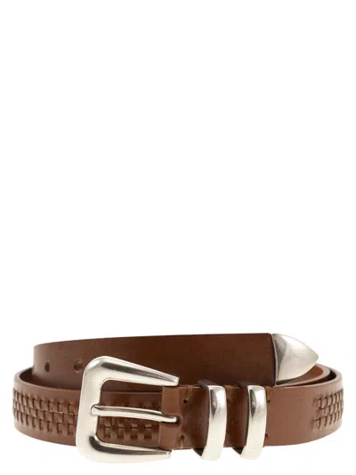 Brunello Cucinelli Men Calfskin Belt With Woven Decoration In Brown