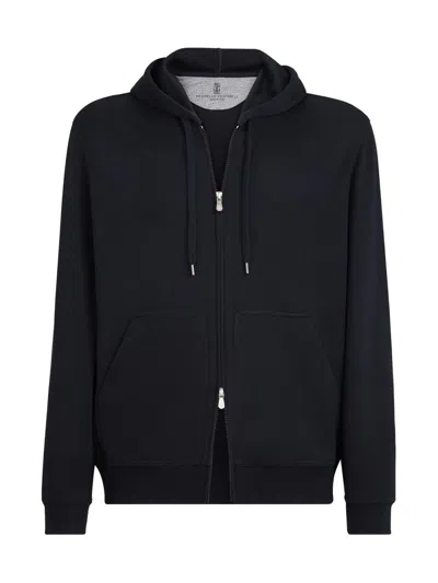 Brunello Cucinelli Men's Cashmere And Silk French Terry Hooded Sweatshirt With Zipper In Blue