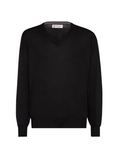 Brunello Cucinelli Cashmere-silk V-neck Sweater In Black