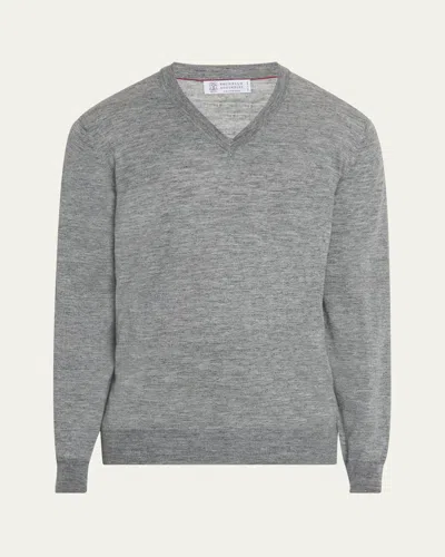 Brunello Cucinelli Men's Cashmere-blend V-neck Sweater In Dark Grey