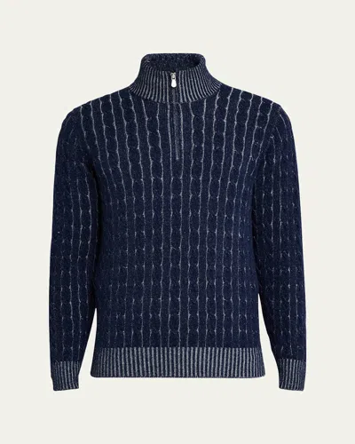 Brunello Cucinelli Men's Cashmere Cable Half-zip Sweater In Deep Blue