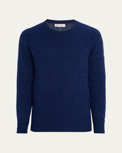 Brunello Cucinelli Men's Cashmere Cable Knit Crewneck Sweater In Blue