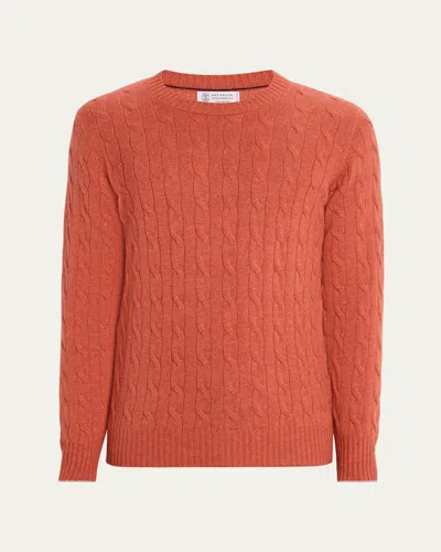 Brunello Cucinelli Men's Cashmere Cable Knit Crewneck Sweater In Orange