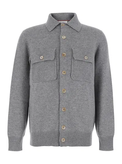 Brunello Cucinelli Men's Cashmere Cardigan With Classic Collar And Buttoned Patch Pockets In Multi