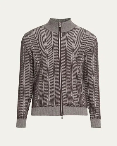 Brunello Cucinelli Men's Cashmere Chevron Full-zip Sweater In Brown