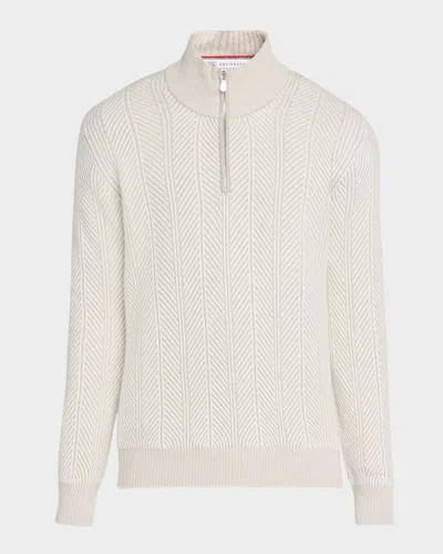Brunello Cucinelli Men's Cashmere Chevron Vanise Quarter-zip Sweater In White