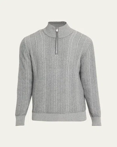 Brunello Cucinelli Men's Cashmere Chevron Vanise Quarter-zip Sweater In Gray