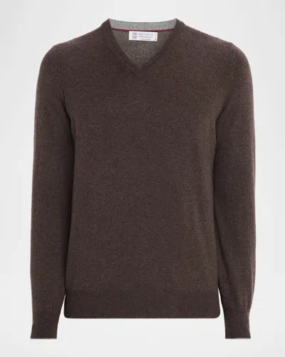 Brunello Cucinelli Men's Cashmere Classic Fit V-neck Sweater In Brown