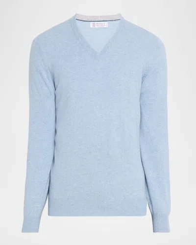Brunello Cucinelli Men's Cashmere Classic Fit V-neck Sweater In Blue