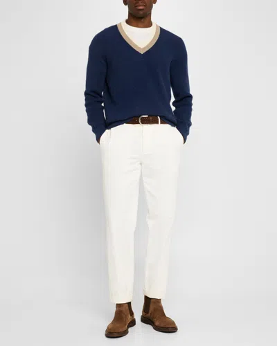 Brunello Cucinelli Men's Cashmere Double Varsity Stripe V-neck Sweater In Green/brown