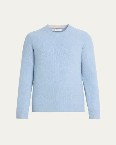 Brunello Cucinelli Men's Cashmere English Rib Crewneck Sweater In Blue