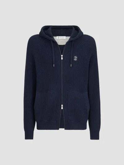 Brunello Cucinelli Men's Cashmere English Rib Hooded Knit Sweatshirt In Blue