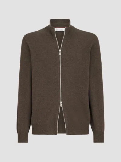 Brunello Cucinelli Cashmere High-neck Cardigan With Zipper In Brown