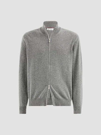 Brunello Cucinelli Men's Cashmere High-neck Cardigan With Zipper In Gray