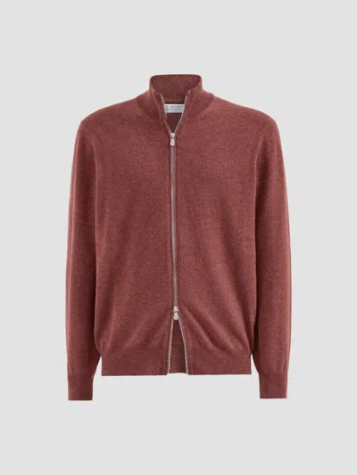 Brunello Cucinelli Men's Cashmere High-neck Cardigan With Zipper In Red