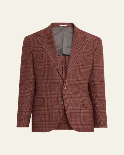 Brunello Cucinelli Men's Cashmere Houndstooth Check Single-breasted Sport Coat In Brown