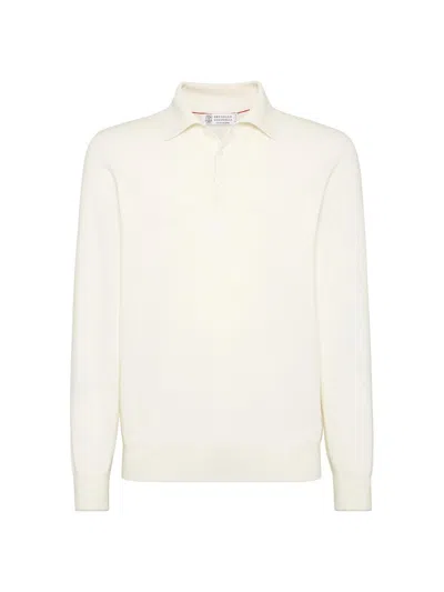 Brunello Cucinelli Men's Cashmere Polo Style Sweater In White