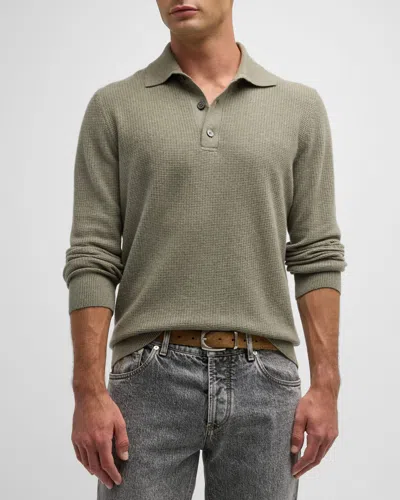 Brunello Cucinelli Men's Cashmere Polo Sweater In Olive Green