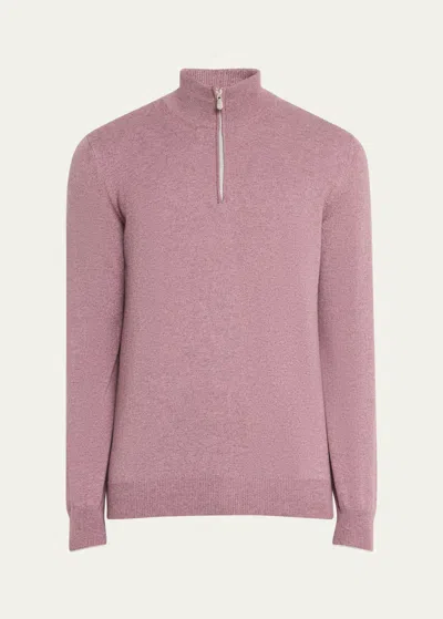 Brunello Cucinelli Men's Cashmere Quarter-zip Sweater In Light Red