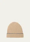 Brunello Cucinelli Men's Cashmere Rib Contrast-trim Beanie Hat In Camel Brown