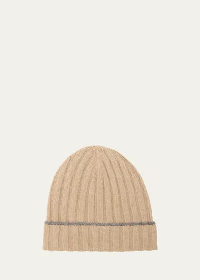 Brunello Cucinelli Men's Cashmere Rib Contrast-trim Beanie Hat In Nude