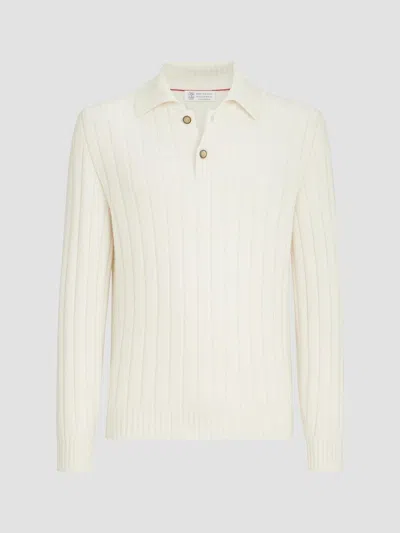 Brunello Cucinelli Cable-knit Cashmere Polo Sweater In White
