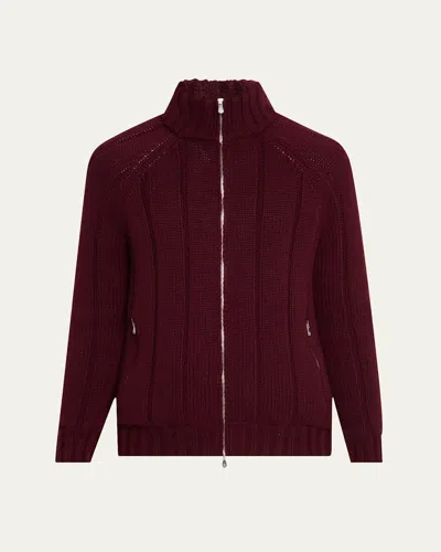 Brunello Cucinelli Men's Cashmere Ribbed Zip-front Sweater In Burgundy