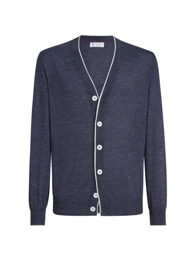 Brunello Cucinelli V Neck Cardigan Long Sleeve Knit In Blue